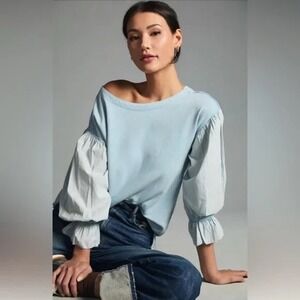 Anthropologie Pilcro Mixed-Media Pullover Top Ruffle Cuff Blue Size Small NWT